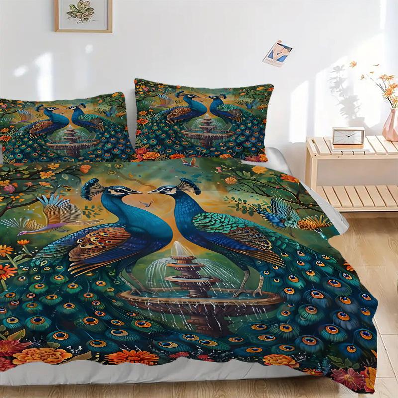 

3pcs Peacock Garden Fountain Duvet Cover Set - Machine Washable, Includes 1 Cover and 2 Pillowcases, No Core Included yy251013036 135x200cm