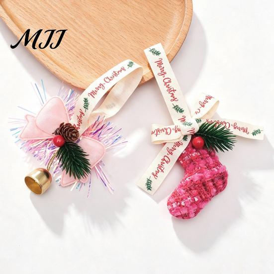 Holiday Party Supplies Christmas Ornament, Sock Shaped/Tinsel Bell Hanging Decoration with Pine Branch Fabric Stocking Pendants Red Berry, Bow Pendant