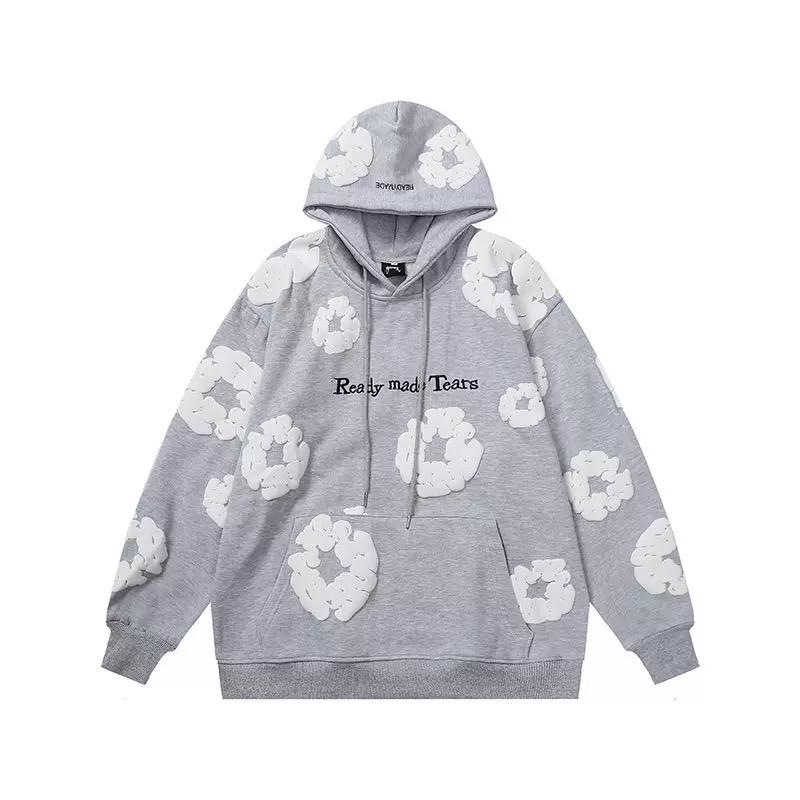 RogueWave Autumn and Winter Black Hooded Flower Print Sweatshirt White Flower Pattern Men's Casual Top
