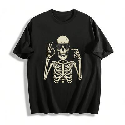 Cool Skeleton OK Gesture Print Casual T-Shirt Pure Cotton T-shirt