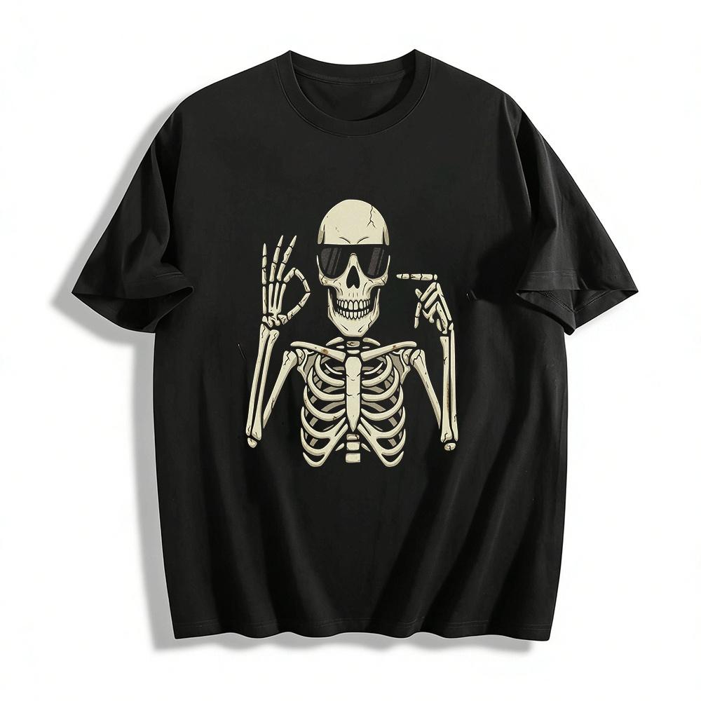 Cool Skeleton OK Gesture Print Casual T-Shirt Pure cotton T-shirt XXS