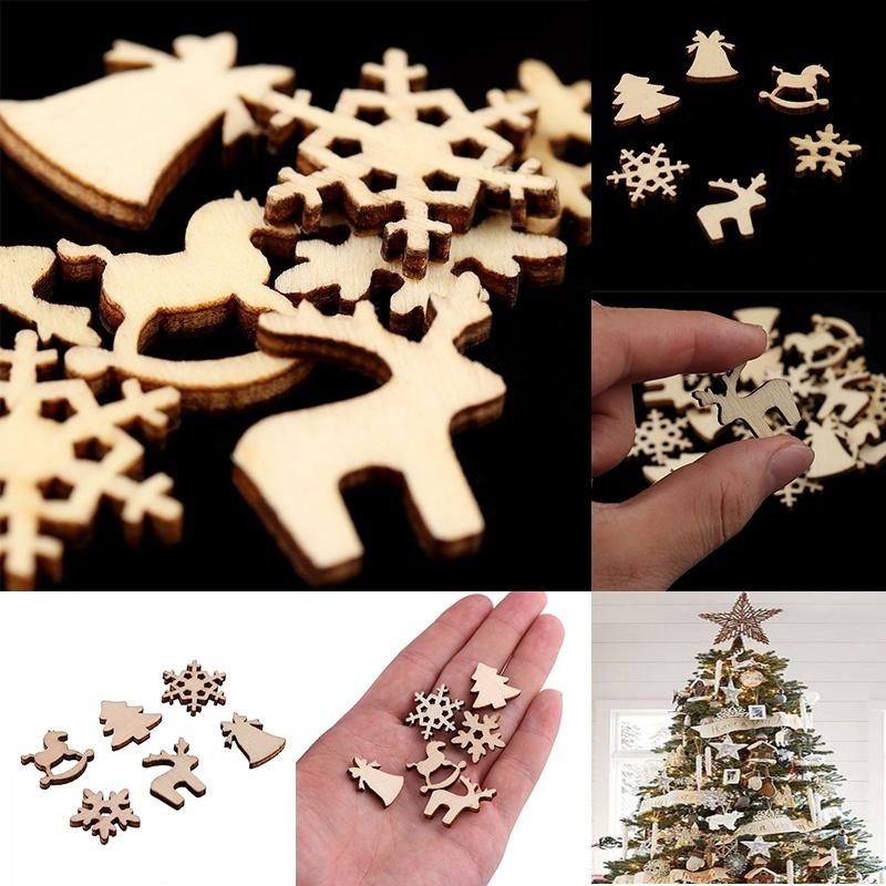 100Pcs Natural Wooden Christmas Ornaments DIY Wood Chips Xmas Tree Hanging Pendants Home Holiday Craft Gift Decoration Supplies