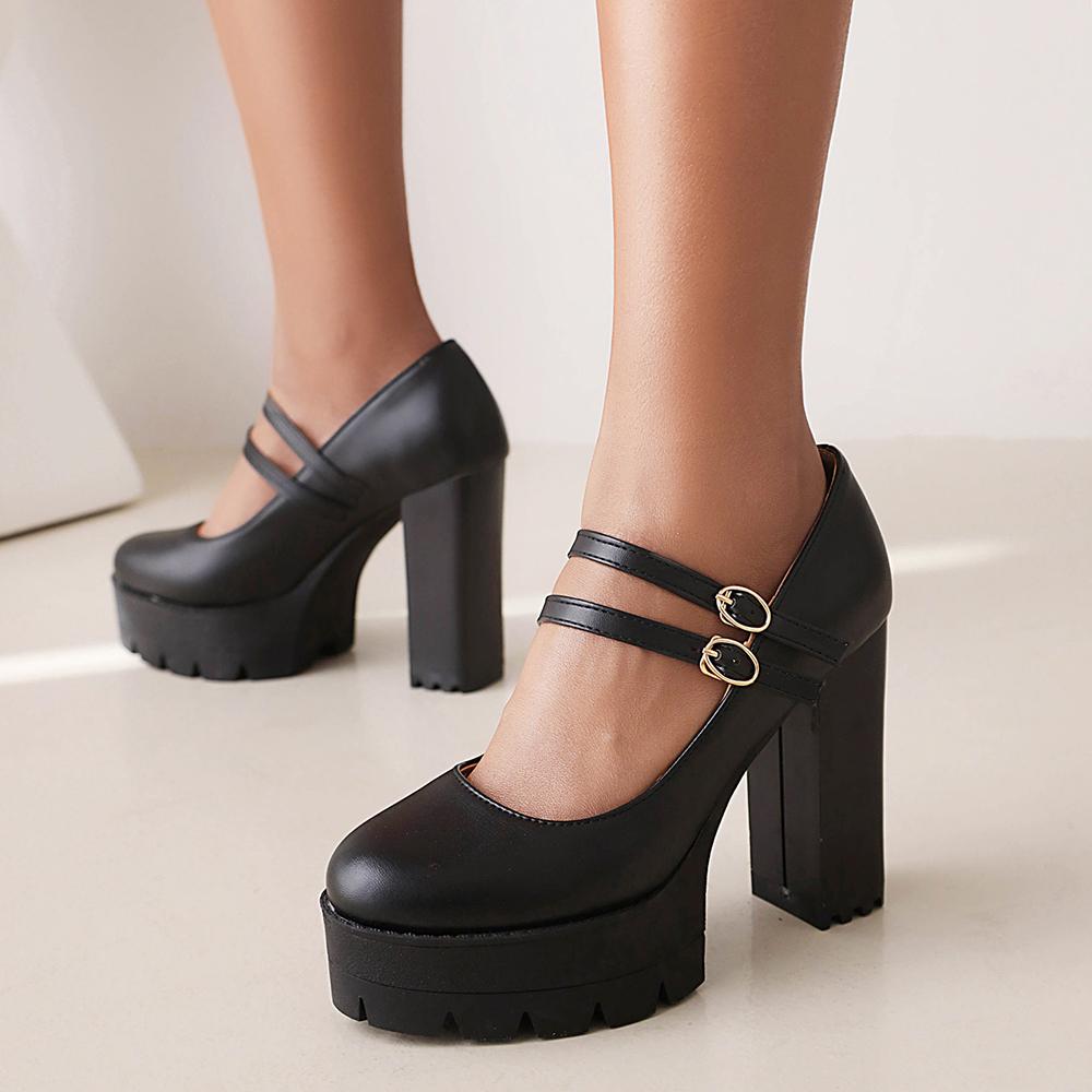 Fashion Spring Autumn Women Pumps Mary-Jane Platform Black Beige Chunky 10.5CM High Heels Ankle Strap Dress Party Hoof Heel Plus Size