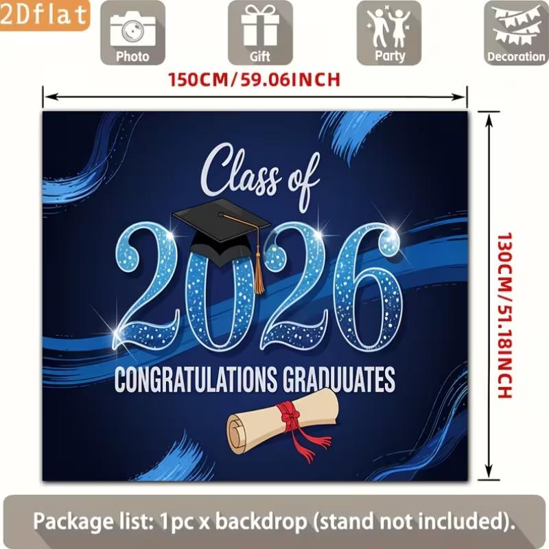 Blue Class of 2026 Graduation Backdrop, "Congratulations Graduates" with Cap and Diploma for Celebration