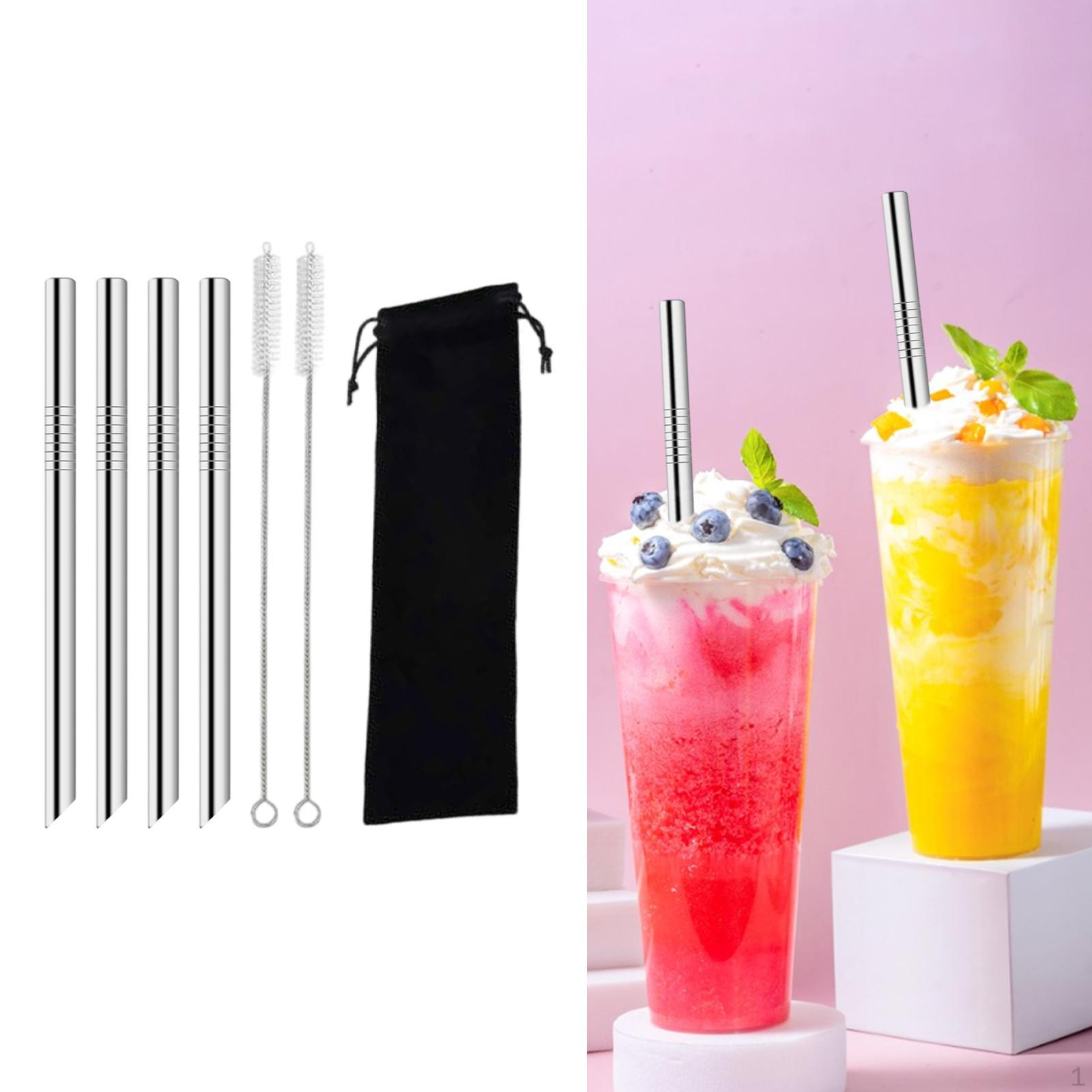 

4 Pieces Straw Metal Bubble Tea Straws Long Reusable Stainless Steel Set for Milkshake Silver