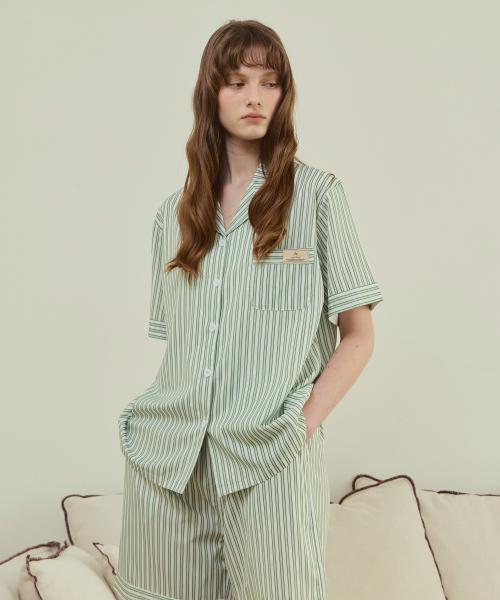 [Pink Zone] Blain Stripe Green Short-Sleeve Collar Pajama Set [Shipped from Korea] 100% Authentic