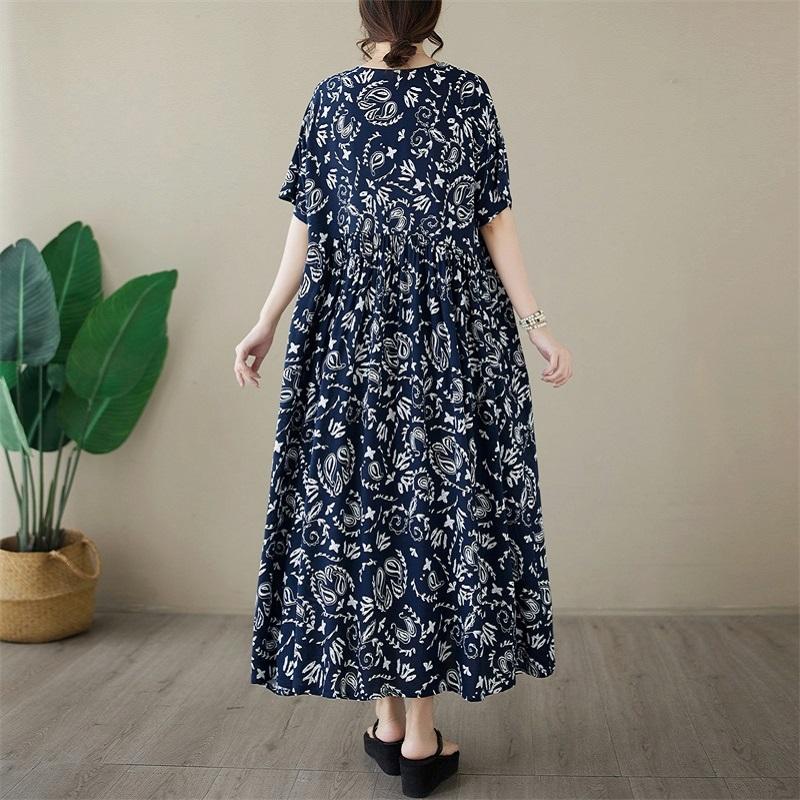 Short Sleeve Plus Size Cotton Vintage Floral New In Dresses for Women Casual Loose Long Summer Dress