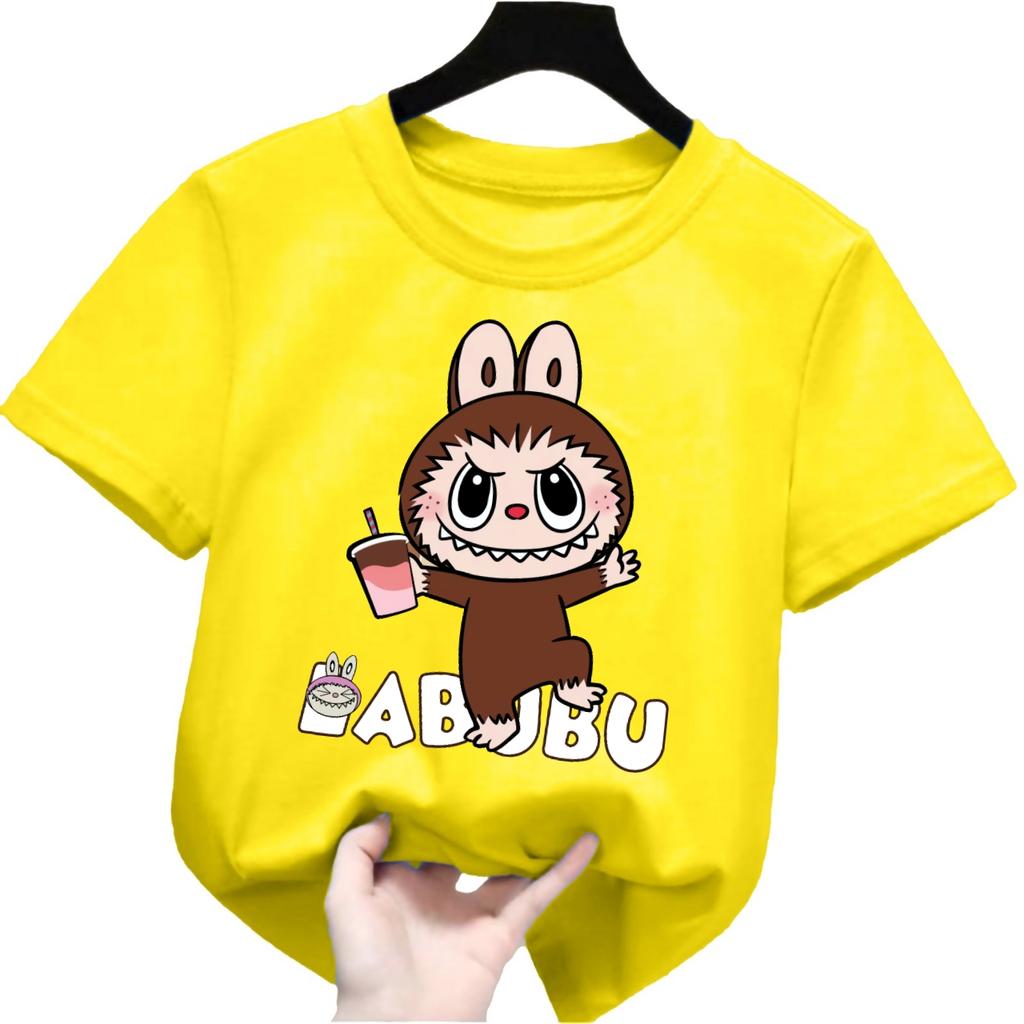 2025 New Labubu Children's T-shirt LABUBU Holding Milk Tea Pattern Girl Round Neck Short Sleeved Casual Versatile Clothing