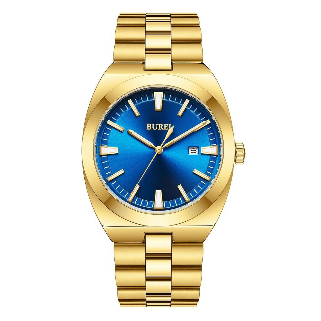 BUREI Men's Analog Quartz Watch, Gold, Waterproof, Date Display, Large Dial, Popular, Stylish, Gentleman's, Business, Casual, Luminous, Gold Watch
