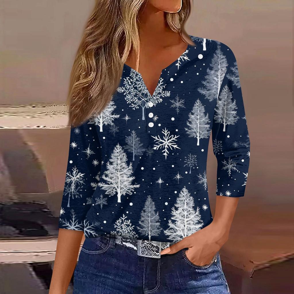 Women's T Shirt Tee Print Button 3/4 Sleeve Daily Weekend Fashion Basic V- Neck Regular Top