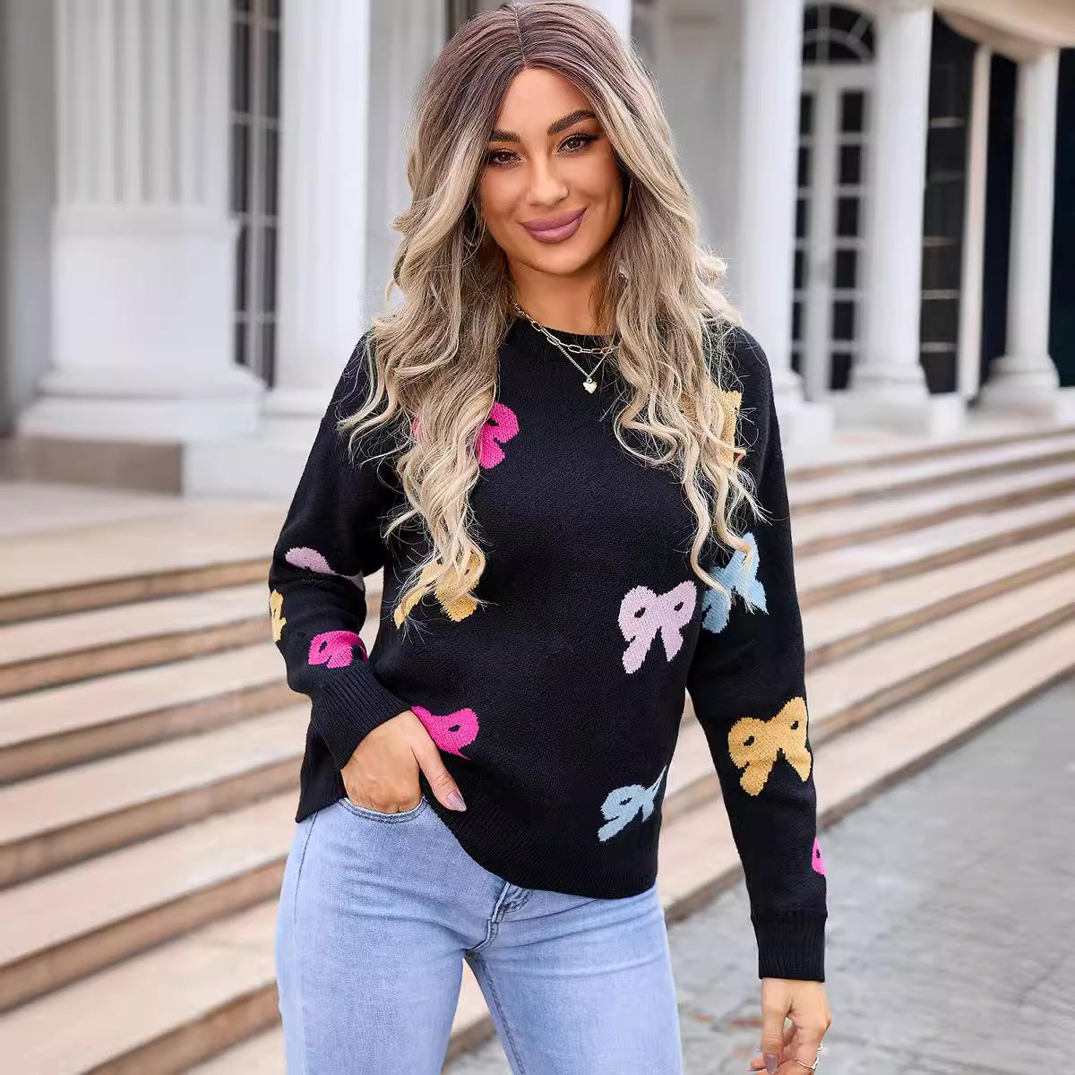 

Осенне-зимний женский свитер с бантом, круглый вырез, длинный рукав, вязаный свитер XL