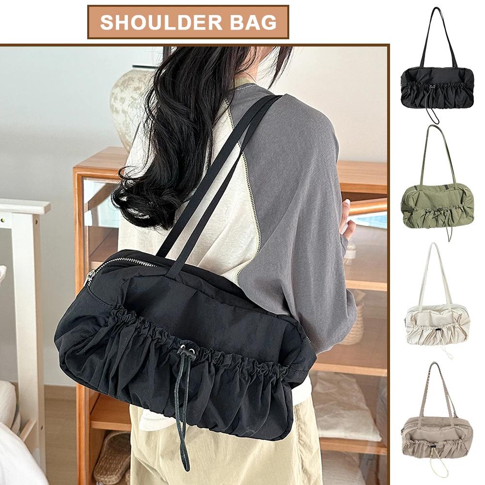 Women Pleated Shoulder Bag Multipurpose Drawstring Armpit Bag Casual Large Capacity Lightweight Slouchy Travel Bag