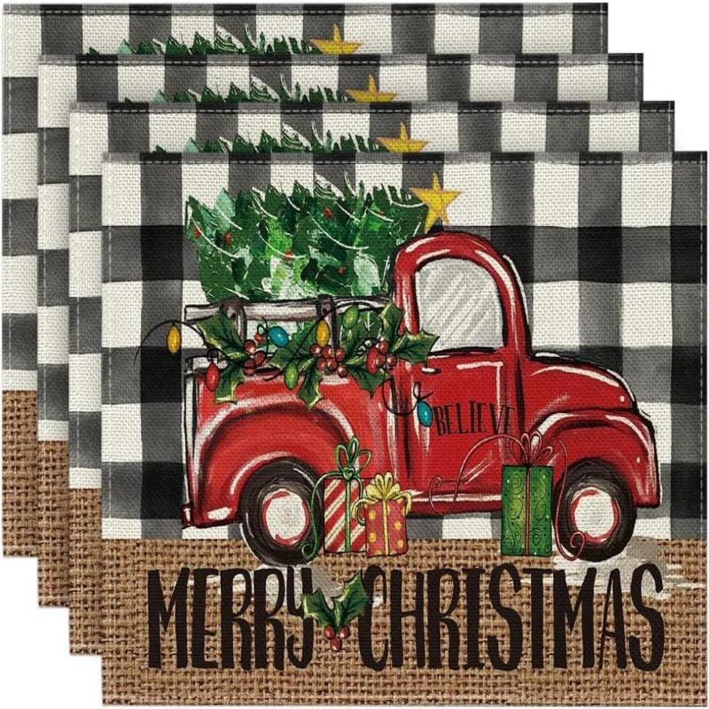 4Pcs Placemats & Coasters Set Christmas Santa Robin Snowman Reindeer Dinner Mats