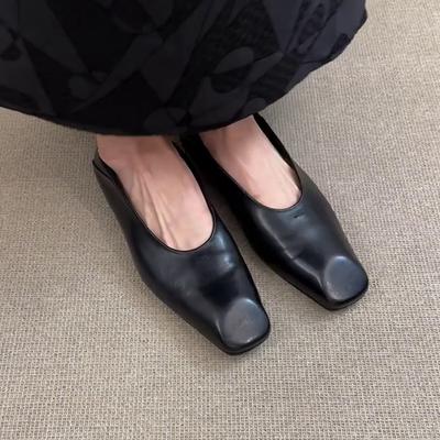 Sheepskin Version~ Small Square Head Minimalist Flat Shoes, One Pedal, Shallow Mouth French Temperament Single Shoes, Women's Commuting Small Leather
