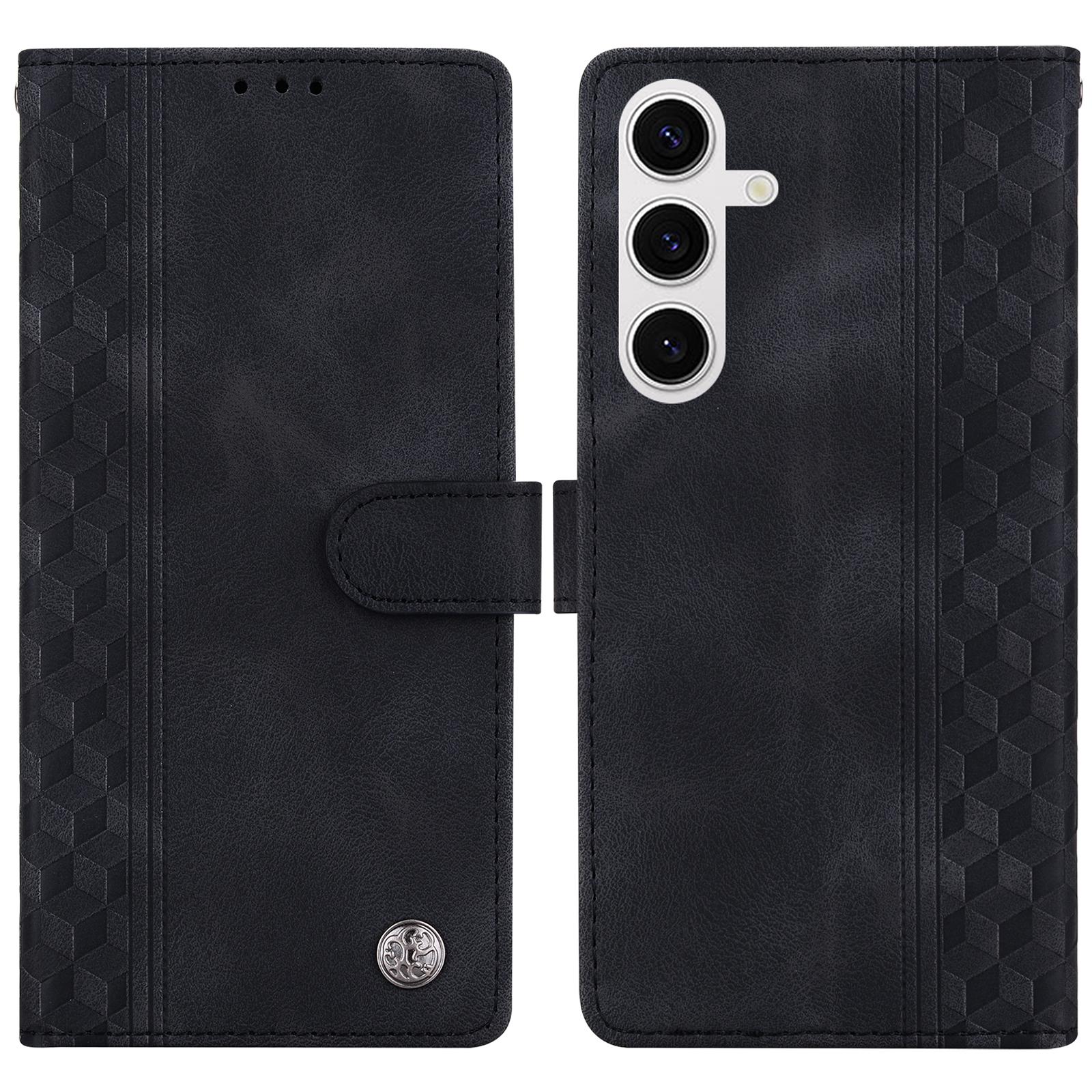 

Для Samsung Galaxy S25 Кожаный чехол с тисненым клетчатым узором Кошелек-подставка Флип-чехол для телефона Black