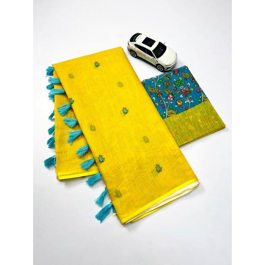 Sari en lin avec bordure jari argentée