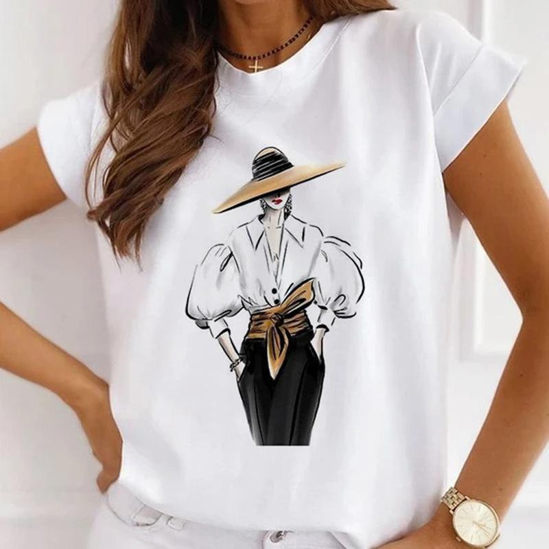Beautiful girl print short-sleeved Tシャツ Asian Size) Women Print Lady Abstract Watercolor Style Trend