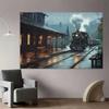 2D flat surface, 1-piece backdrop of a steam train arriving in the rain, suitable for festival photos and decoration