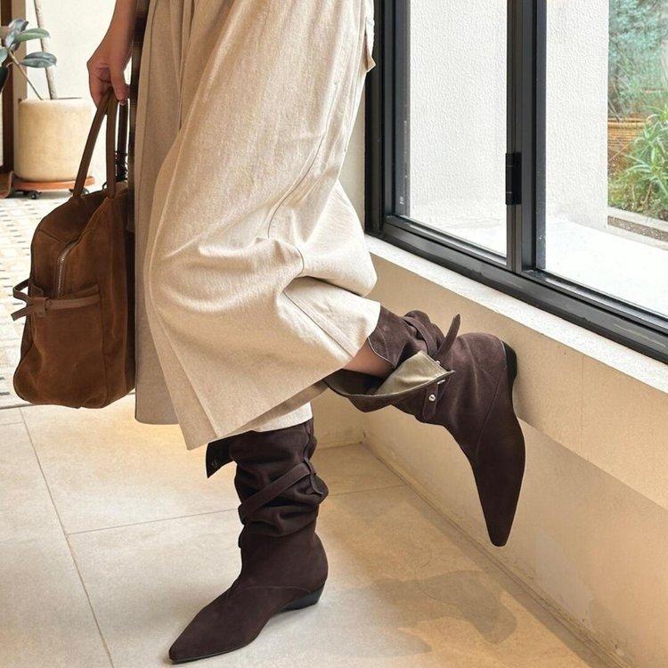 Sheepskin Version~ Korean Version Pointed Head Thick Heel Western Cowboy Boots Women's Autumn and Winter Leather Thick-soled Wide Tube Stacking