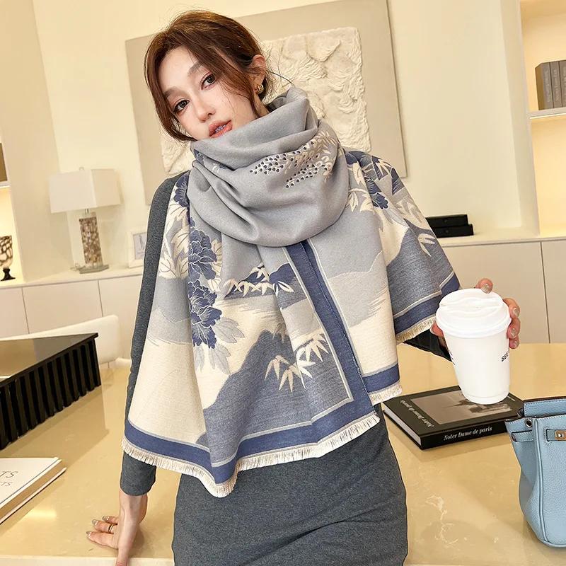 Luxury Cashmere Floarl Scarf Winter Women Pashmina Shawls Warm Blanket Wraps Female Foulard Bandana Brand Thick Scarves Hijab