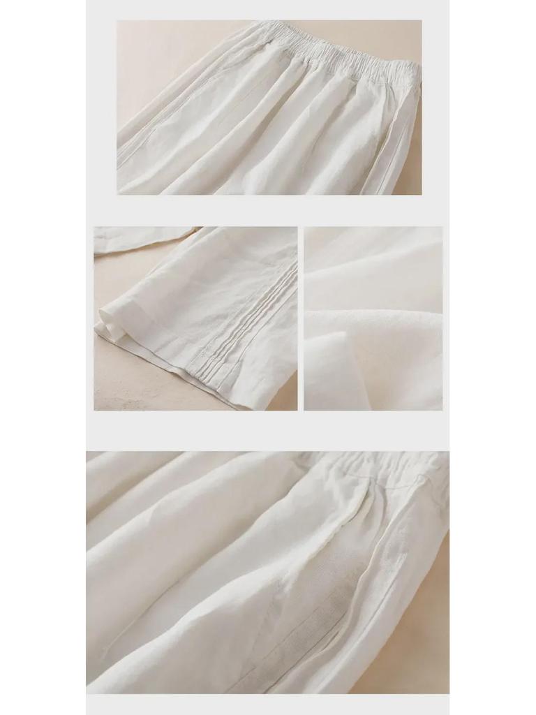 Damskie letnie spodnie z wysokim stanem z bawełny i lnu z szerokimi nogawkami i bocznymi zakładkami - casualowe spodnie z prostymi nogawkami w stylu koreańskim