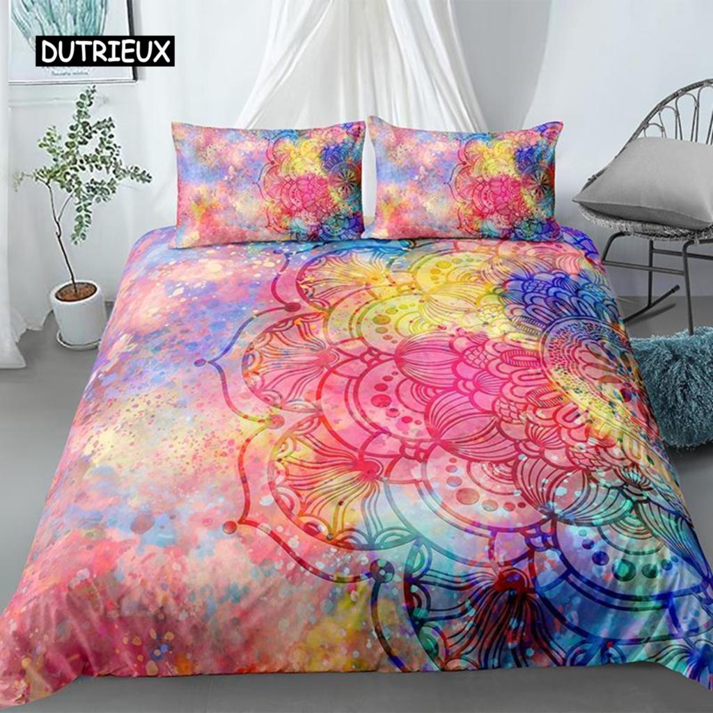 Mandala Duvet Cover Set King Polyester Tie Dye Paisley Quilt Cover Purple Boho Hippie Trippy Floral Exotic Style Bedding Set