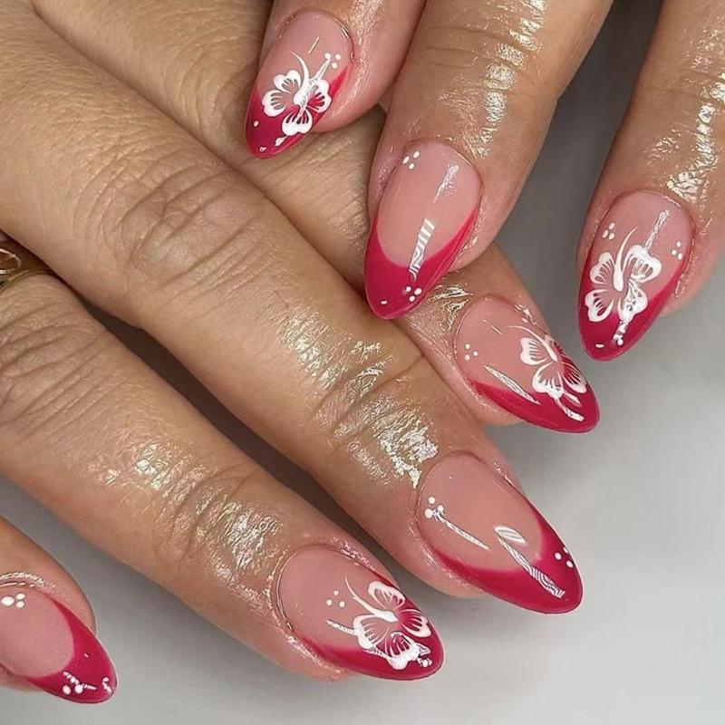 24 stuks Bloemen Plaknagels Amandelvorm Franse Tip Kunstnagel Glanzende Acrylnagel Plaknagel voor Festival en Dagelijks Gebruik