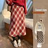 Spring A-Line Wool Plaid Skirt - American Retro, Plus Size, Medium Length
