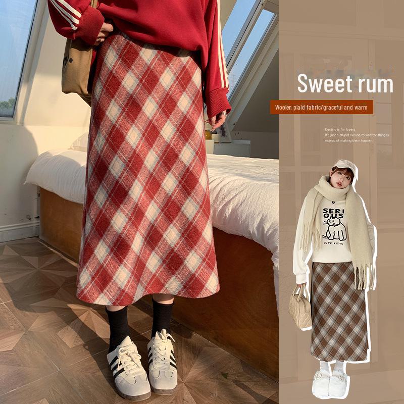 

Spring A-Line Wool Plaid Skirt - American Retro, Plus Size, Medium Length 1XL (recommend 60-70 kg)