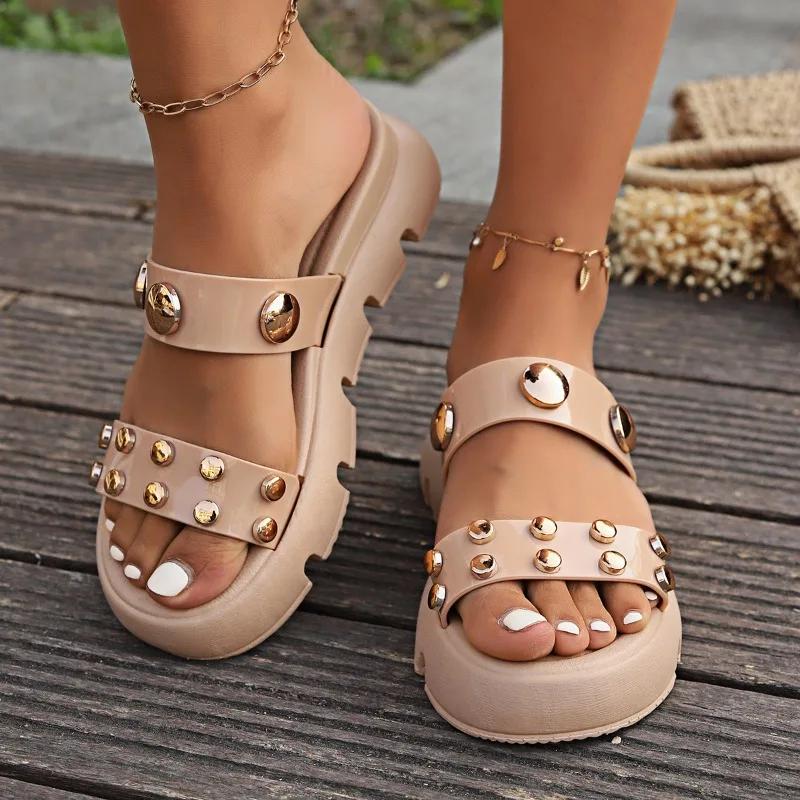 

Женские сандалии на толстой подошве, тапочки на высоком каблуке, новые летние шлепанцы, пляжные сандалии, женские дизайнерские новые туфли на шпильках для вечеринки 36 абрикосовый