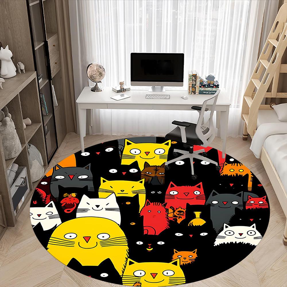 1PC Cat Pattern Office Round Area Rug, Mat Suitable For Office, Under Office Chairs Bedroom Living Room Home Decor, Room Deco