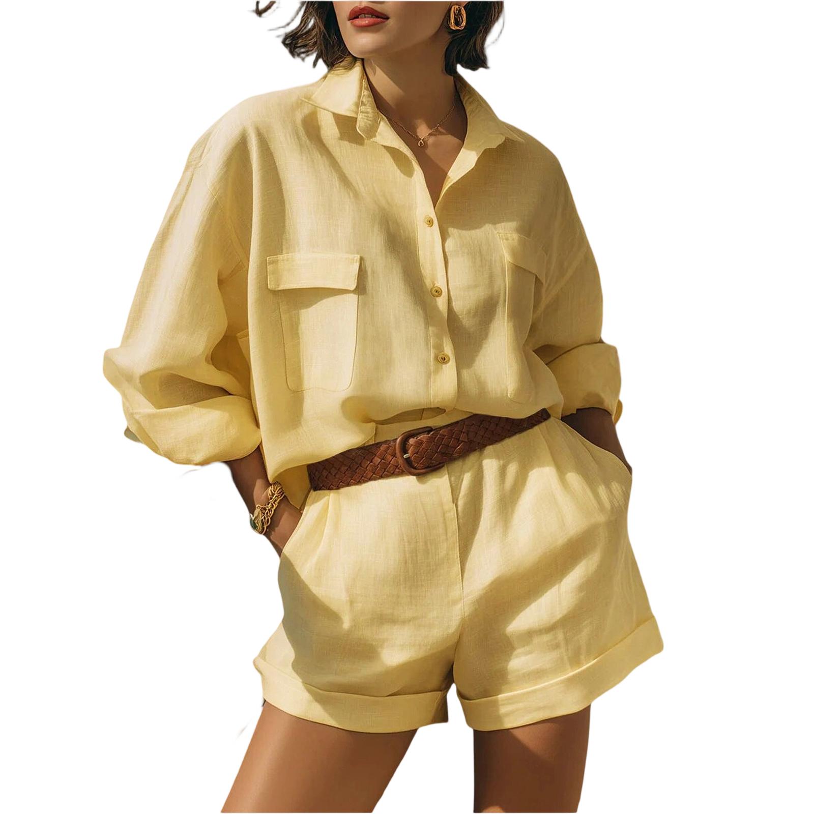 

Ladies Casual And Fashionable Cotton And Linen Loose Breasted Shirt And Shorts Set XL жовтий