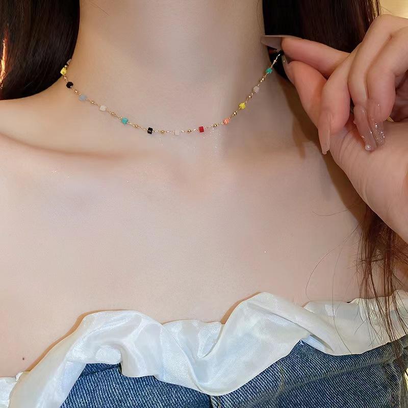 Summer Color Crystal Beaded Necklace Women'S Light Luxury Premium Design Niche Temperament Clavicle Chain Neck Chain