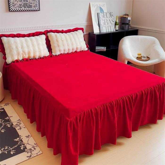 new solid color double-sided milk fleece bed skirt single piece no pillowcase winter flower household bed skirt