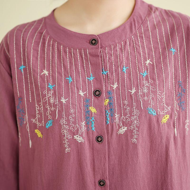 Plus Size Embroidered Cotton Linen Long-Sleeve Cardigan for Women