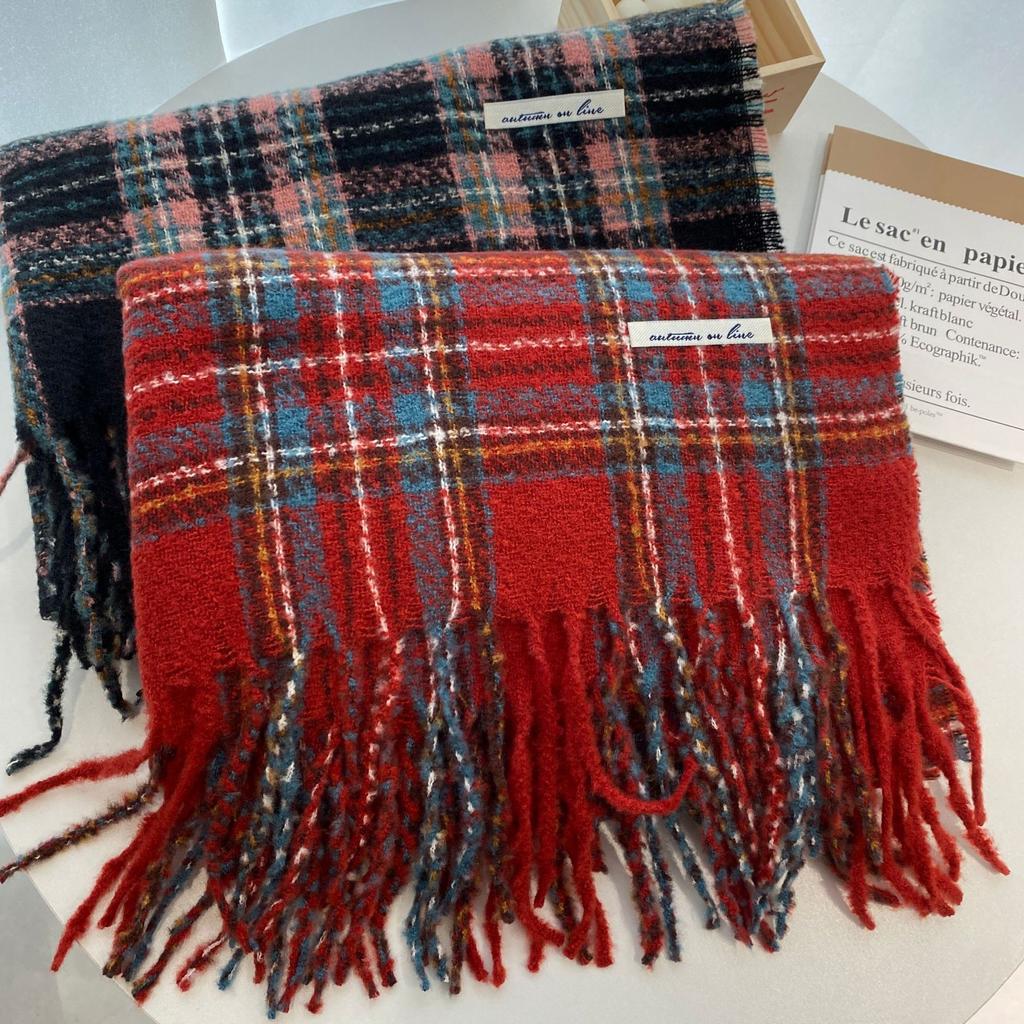 Korean Style Scarf Winter Warm Atmosphere  New Year and Christmas Warm Shawl  Student Retro Plaid Scarf