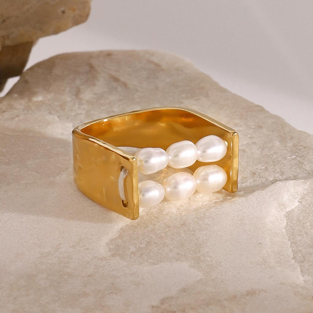 Youthway Double-Layer Freshwater Pearl Stainless Steel Ring For Unisex Gold Color Luxury Daily Jewelry Matching Gift