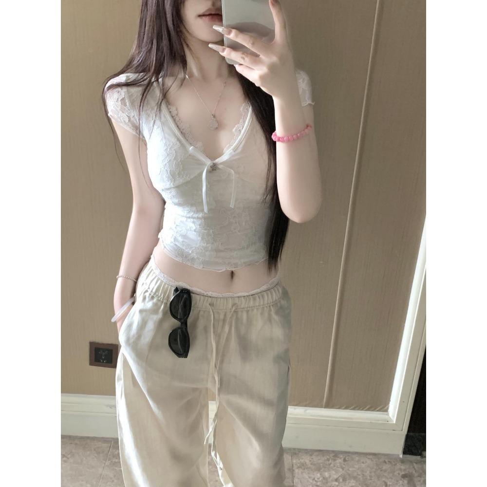 Sexy V-neck Lace Spliced Short Sleeve T-shirt for Women