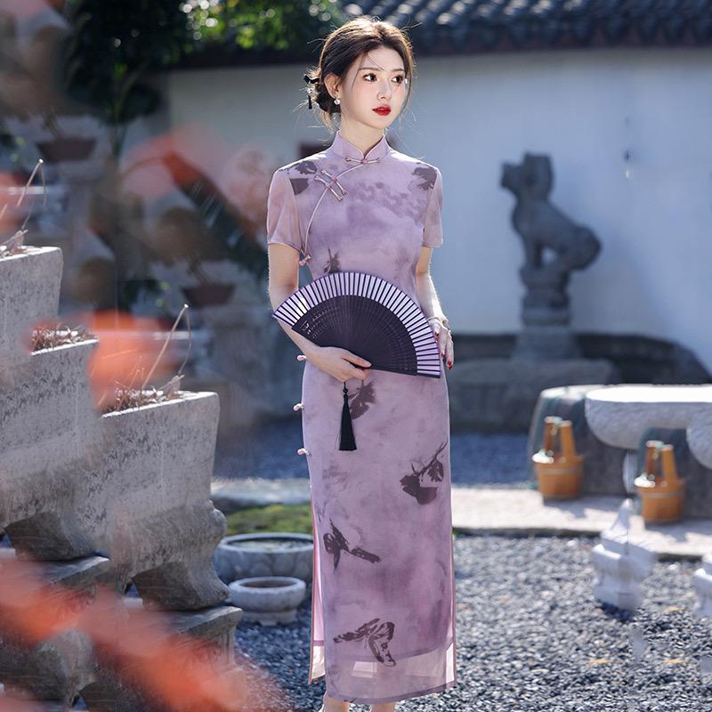 Purple Send Test National Style Chinese Long Improved Cheongsam 1011 New Young Women's Retro Slim Short Sleeve Spring and Summer