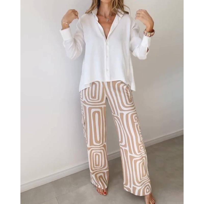 QICED Costumes pantalons pour femmes Mode Décontracté Couleur Unie Imprimé Manches Longues Col Polo