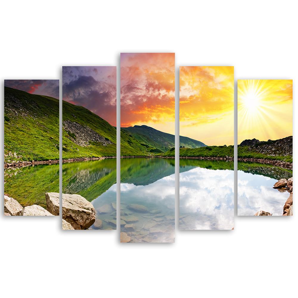 Five Piece Picture Canvas Print Sunset Landscape Lake