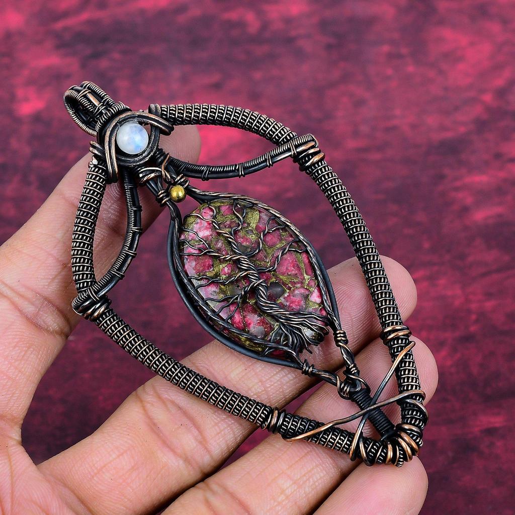 Tree Of Life Copper Thulite Gemstone Pendant Copper Wire Wrapped Jewelry Rainbow  Moonstone Pendant