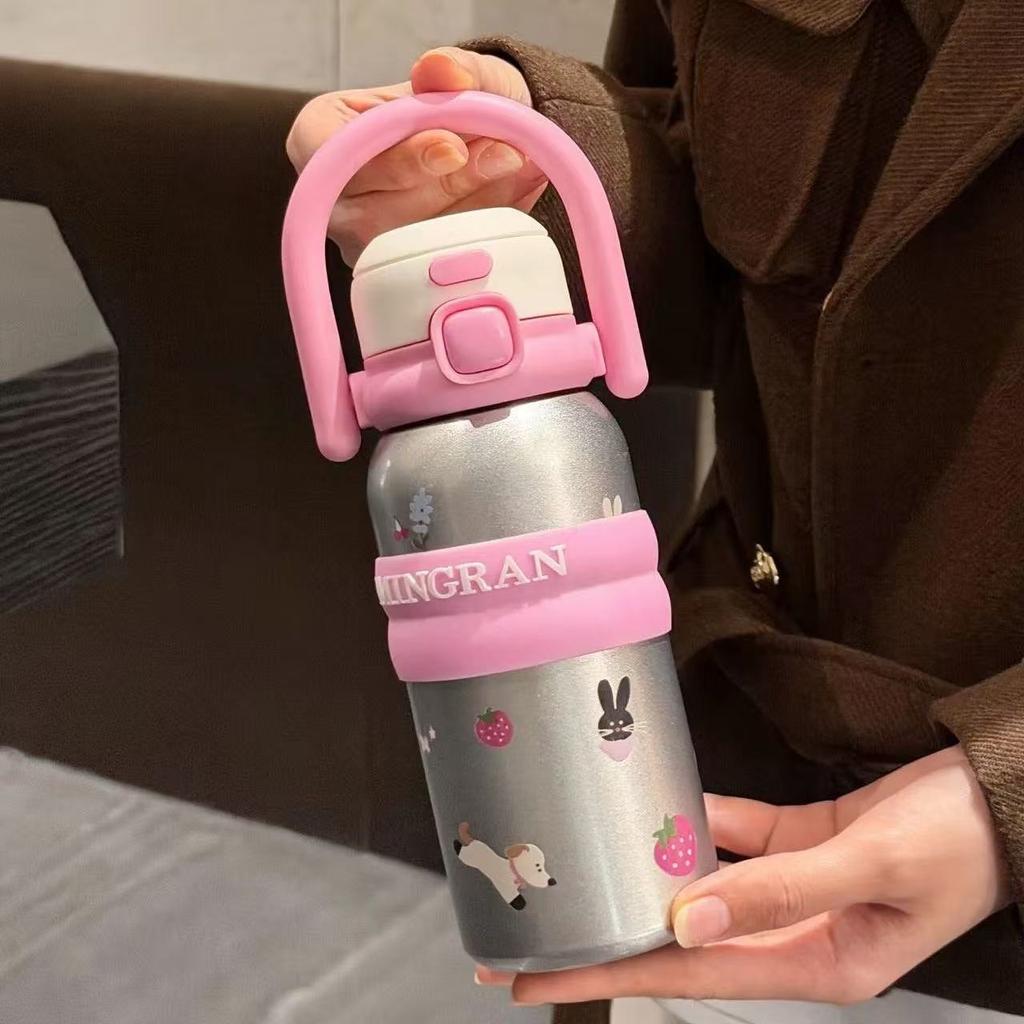 Cute Cartoon Thermal Water Bottles With Handle Insulated Cup 316 Stainless Steel Double Drinking Vacuum Flask Straw Cup 550ML