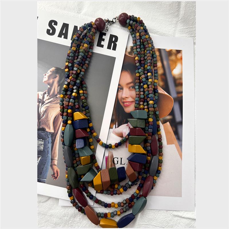 

Этническое Стиль Красочное Деревянное Многослойное Длинное Ожерелье для Сценического Образа