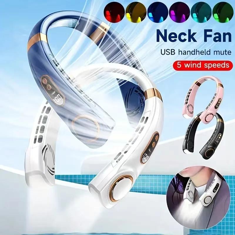 New Portable Bladeless Hanging Neck Fan with LED Digital Display Ice Ceramic Cooling Colorful Light