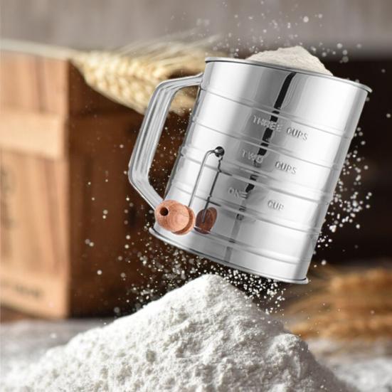 Stainless Steel Flour Sifter Hand Cranked Flour Sieve with Measurement Markings 3-Cup Capacity Baking Flour Sieve for Fine Flour And Powdered Sugar