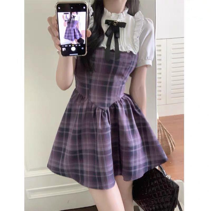 Large size sweet college dress women's summer new plaid skirt fat mm belly and thin Spice girl short skirt