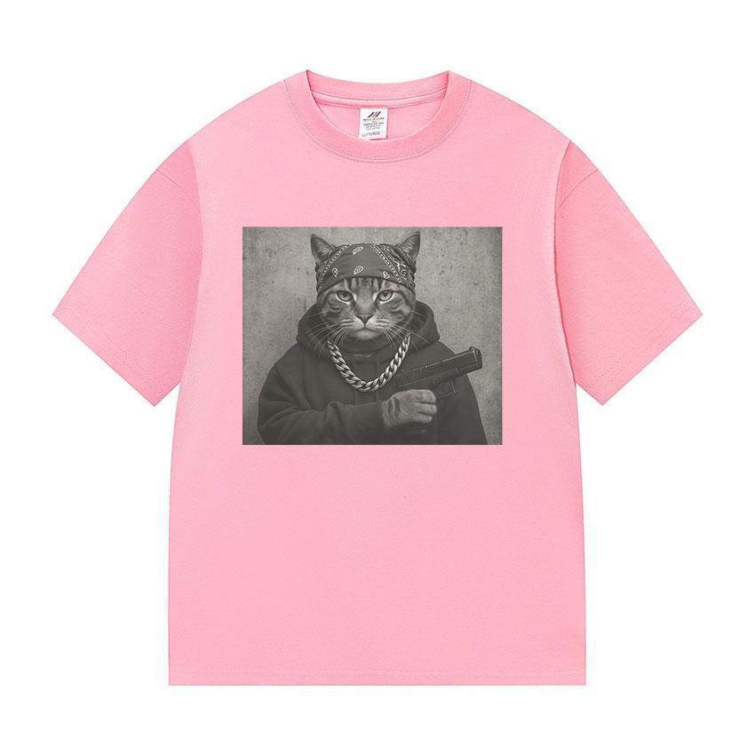 2025 Summer Funny Cat Graphic Print T Shirt Gang Cat Cool Hip Hop Men's Vintage High Quality 100% Pure Cotton Printed T-shirt