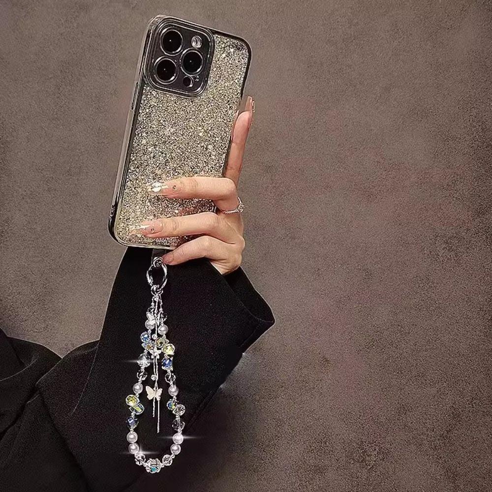 Short Bling Crystal Phone Chain Pearl Phone Case Wrist Strap  Car Key Accessories