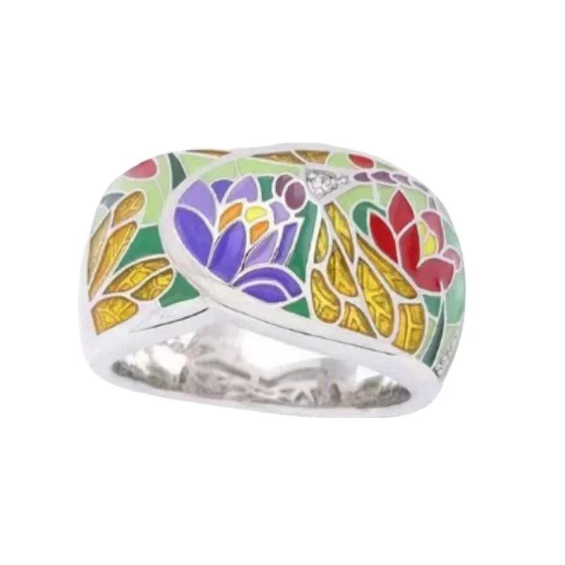 National Style Colored Enamel Retro Inlaid Diamond Universal Ring For Men and Women, Personalized Contrasting Color
